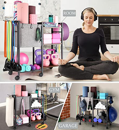 Yoga Mat Storage Rack Home Gym Equipment Storage Organizer Yoga Mat Holder for Yoga Mat Foam Roller Dumbbells Kettlebells Resistance Bands and More Gym Accessories Women Men Workout Equipment Organization with Hooks and Wheels Spreadr