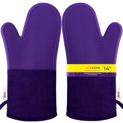 JEEKOIN Oven Mitts Honeycomb Non-Slip Grip, Silicone Oven Mitt Heat Resistant 581, Thick Soft Cotton Lining Padding, Waterproof Kitchen Mittens Potholder BPA-Free, 14 x 7 Inch Pair (Purple)