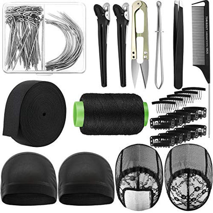 Wig Making Cap Pins Needles Set, Dome Mesh Lace Wig Cap 70 Pieces Pins C Curved Weaving Needles Metal Snap Wig Combs Rat tail Combs Elastic Wig Band Black Hair Clips Scissor Tweezers Wig Sewing Spreadr