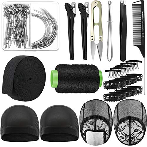 Wig Making Cap Pins Needles Set, Dome Mesh Lace Wig Cap 70 Pieces Pins C Curved Weaving Needles Metal Snap Wig Combs Rat tail Combs Elastic Wig Band Black Hair Clips Scissor Tweezers Wig Sewing Spreadr