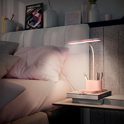 AXX Pink Desk Lamp for Home Office, Cute Desk Lamps for Bedrooms, Kawaii, Dimmable LED, Flexible Gooseneck, Pen Holder, Touch Control, College Dorm Room Essentials for Teen Girls Kids