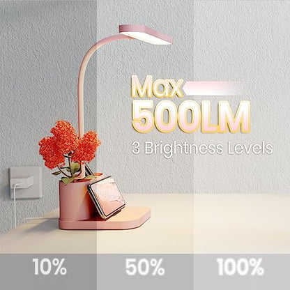 AXX Pink Desk Lamp for Home Office, Cute Desk Lamps for Bedrooms, Kawaii, Dimmable LED, Flexible Gooseneck, Pen Holder, Touch Control, College Dorm Room Essentials for Teen Girls Kids