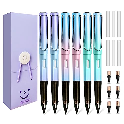 6Pcs Inkless Pencils Eternal, Magic Everlasting Pencil with Eraser, and 6 Replacement Nibs, Unlimited Writing, Reusable Infinity Pencil, NO-Sharpening Pencils for Kids Student Writing (Gradient)