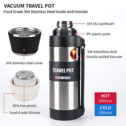 Stainless Steel Thermos with Cup – 51 oz Double-Wall Vacuum Insulated Water Bottle for Travel – Large Coffee Thermoses with Handle – Keeps Liquid Hot or Cold, Leak Resistant,Silver