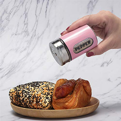 Salt and Pepper Shakers Stainless Steel and Glass Set with Adjustable Pour Holes (Pink)