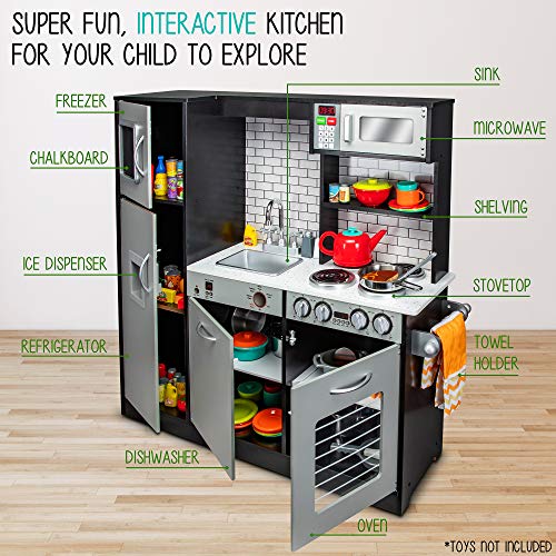 ⚠️🚨🔊 Lil' Jumbl Kids Kitchen Set, Pretend Wooden Play Kitchen, Battery Operated Icemaker & Microwave with Realistic Sound, Pots & Pan Included - Charcoal Spreadr