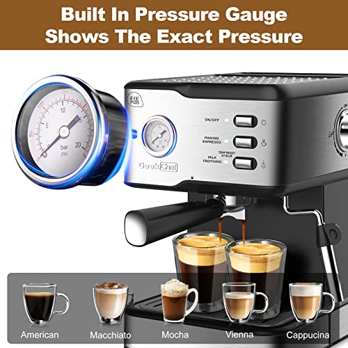 Geek Chef Espresso Machine 20 Bar Pump Pressure Cappuccino latte Maker Coffee Machine with ESE POD filter&Pressure gauge, 1.5L Water Tank 950W, Black