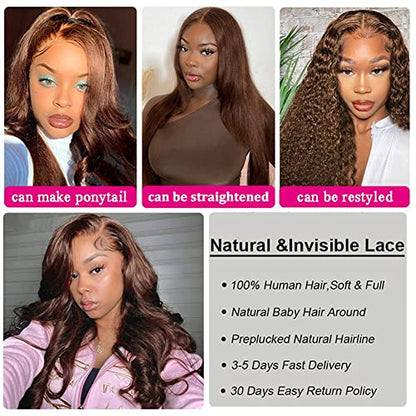 Yunmeng Chocolate Brown Lace Front Wigs Human Hair 13x4 Auburn Brown wig Human Hair Brown Body Wave Lace Front Wigs Human Hair HD Glueless Wigs Human Hair Pre Plucked for Black Women 180% Density