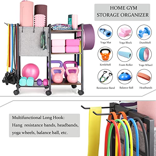 Yoga Mat Storage Rack Home Gym Equipment Storage Organizer Yoga Mat Holder for Yoga Mat Foam Roller Dumbbells Kettlebells Resistance Bands and More Gym Accessories Women Men Workout Equipment Organization with Hooks and Wheels Spreadr