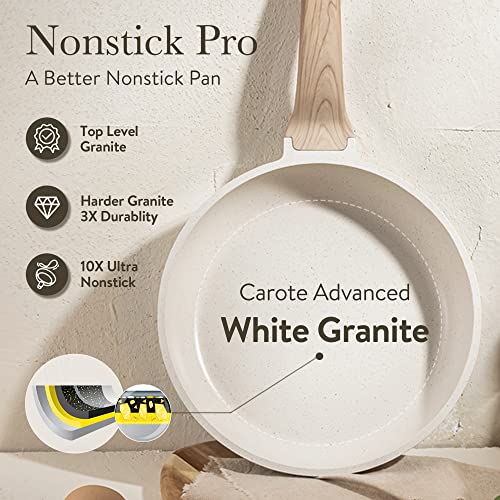 CAROTE Pots and Pans Set Nonstick, White Granite Induction Kitchen Cookware Sets, 10 Pcs Non Stick Cooking Set w/Frying Pans & Saucepans(PFOS, PFOA Free)