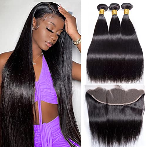 Straight Bundles with Frontal Human Hair 100% Brazilian Virgin Straight Hair 3 Bundles with Lace Frontal Closure 13x4 Free Part 10A Grade Human Hair Extensions Natural Black Color (14 16 18+12 Inch) Spreadr