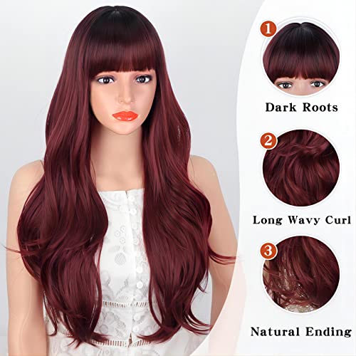 XIXIBI Red Wigs with Bangs, Wine Red Wigs for Women Long Wavy Wigs with Dark Roots Ombre Burgundy Wigs Natural Looking Synthetic Heat Resistant Fiber for Daily Party Use (26Inch)