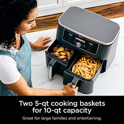 Ninja DZ401 Foodi 10 Quart 6-in-1 DualZone XL 2-Basket Air Fryer with 2 Independent Frying Baskets, Match Cook & Smart Finish to Roast, Broil, Dehydrate for Quick, Easy Family-Sized Meals, Grey