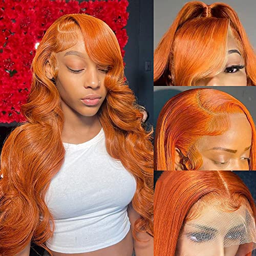 Ginger Lace Front Wigs Human Hair Pre Plucked 13x4 Ginger Orange Lace Front Wigs Human Hair Colored 180% Density HD Lace Frontal Wig Body Wave Ginger Human Hair Lace Front Wigs 88J Color 20 Inch