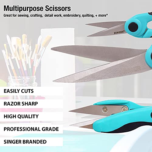 SINGER ProSeries Sewing Scissors Bundle, 8.5" Heavy Duty Fabric Scissors, 4.5" Detail Embroidery Scissors, 5" Thread Snips with Comfort Grip Spreadr