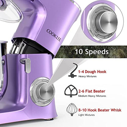 COOKLEE Stand Mixer, 9.5 Qt. 660W 10-Speed Electric Kitchen Mixer with Dishwasher-Safe Dough Hooks, Flat Beaters, Wire Whip & Pouring Shield Attachments for Most Home Cooks, SM-1551, Lavender