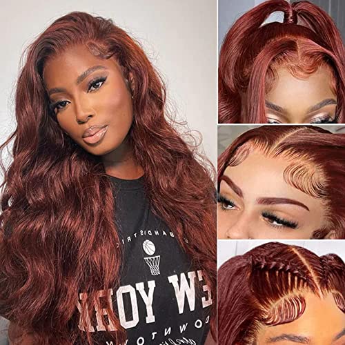 Reddish Brown Lace Front Wigs Human Hair 13x4 HD Body Wave Frontal Wigs for Women Brazilian Virgin 150% Density Glueless HD Transparent Lace Front Wigs Pre Plucked with Baby Hair (22 Inch, Reddish Brown)