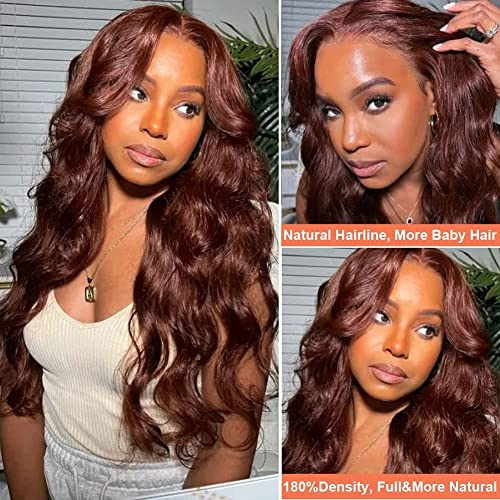 Reddish Brown Lace Front Wigs Human Hair 13x4 HD Body Wave Frontal Wigs for Women Brazilian Virgin 150% Density Glueless HD Transparent Lace Front Wigs Pre Plucked with Baby Hair (22 Inch, Reddish Brown)