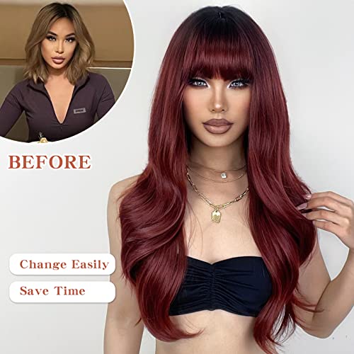 XIXIBI Red Wigs with Bangs, Wine Red Wigs for Women Long Wavy Wigs with Dark Roots Ombre Burgundy Wigs Natural Looking Synthetic Heat Resistant Fiber for Daily Party Use (26Inch)