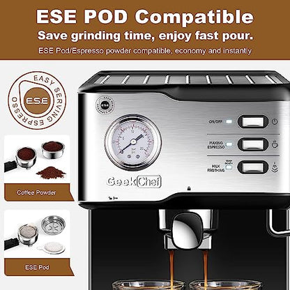 Geek Chef Espresso Machine 20 Bar Pump Pressure Cappuccino latte Maker Coffee Machine with ESE POD filter&Pressure gauge, 1.5L Water Tank 950W, Black