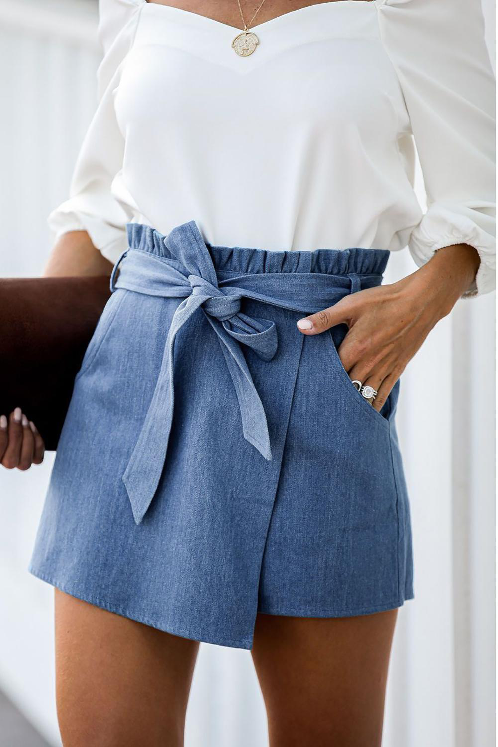 Sky Blue Pocketed Denim Wrap Skort Kiwidrop