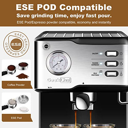 Geek Chef Espresso Machine 20 Bar Pump Pressure Cappuccino latte Maker Coffee Machine with ESE POD filter&Pressure gauge, 1.5L Water Tank 950W, Black