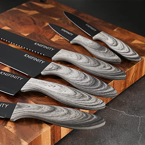 Knifinity 14-Piece Premium Non-Stick Coated, Ultra-Sharp Knife Set, Ergonomic Wood Grain Handles - Versatile, Durable and Stylish Kitchen Essentials for Cutting, Kitchen Knife Set with Block