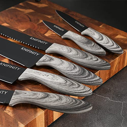 Knifinity 14-Piece Premium Non-Stick Coated, Ultra-Sharp Knife Set, Ergonomic Wood Grain Handles - Versatile, Durable and Stylish Kitchen Essentials for Cutting, Kitchen Knife Set with Block