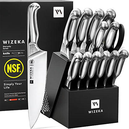 WIZEKA Kitchen Knife Set with Block, NSF Certified 15pcs German Steel 1.4116 Knife Block Set, Professional Chef Knife Set with Built-in Sharpener, Starry Sky Series Spreadr