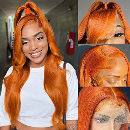 Orange Ginger Lace Front Wigs Human Hair Pre Plucked Body Wave 13x4 Colored Human Hair Lace Front Wigs HD Lace Frontal Human Hair Ginger Human Hair Lace Front Wigs 180% Density 88J Color 26 Inch