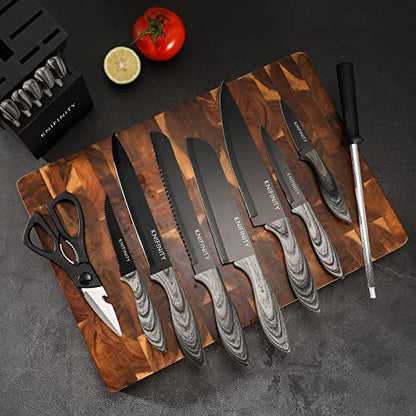 Knifinity 14-Piece Premium Non-Stick Coated, Ultra-Sharp Knife Set, Ergonomic Wood Grain Handles - Versatile, Durable and Stylish Kitchen Essentials for Cutting, Kitchen Knife Set with Block