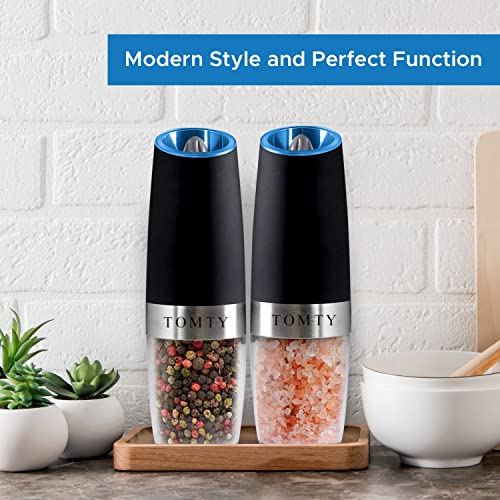 TOMTY (2 Pack) Gravity Electric Salt and Pepper Grinder Set Battery Operated One Hand Automatic Operation, Adjustable Coarseness Mill Grinders Shakers LED Light Stainless Steel, Kitchen Gadgets Gifts Ideas