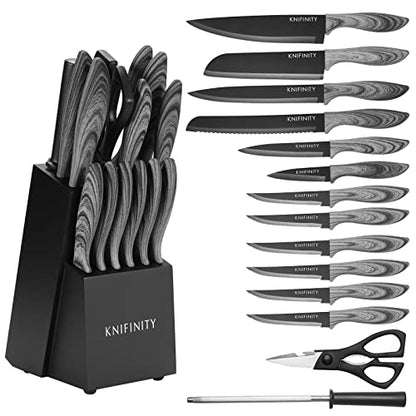 Knifinity 14-Piece Premium Non-Stick Coated, Ultra-Sharp Knife Set, Ergonomic Wood Grain Handles - Versatile, Durable and Stylish Kitchen Essentials for Cutting, Kitchen Knife Set with Block