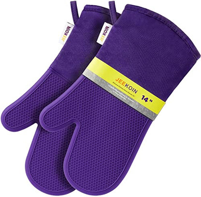 JEEKOIN Oven Mitts Honeycomb Non-Slip Grip, Silicone Oven Mitt Heat Resistant 581, Thick Soft Cotton Lining Padding, Waterproof Kitchen Mittens Potholder BPA-Free, 14 x 7 Inch Pair (Purple)