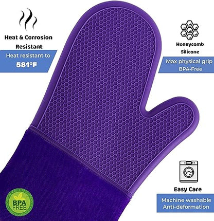 JEEKOIN Oven Mitts Honeycomb Non-Slip Grip, Silicone Oven Mitt Heat Resistant 581, Thick Soft Cotton Lining Padding, Waterproof Kitchen Mittens Potholder BPA-Free, 14 x 7 Inch Pair (Purple)