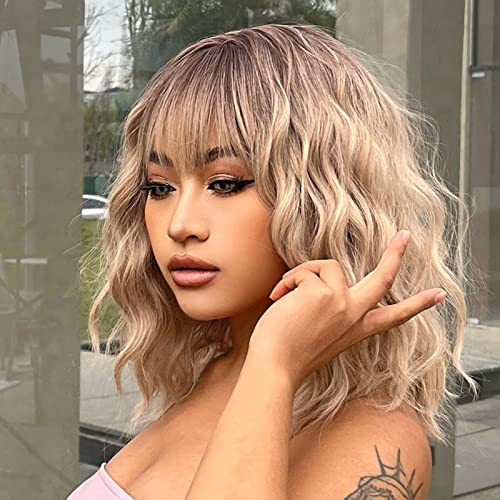 VIKVOK Short Ombre Blonde Wig for Women Blonde Wavy Bob Wig with Bangs Natural Synthetic Wavy Curly Blonde Wig for Halloween Daily