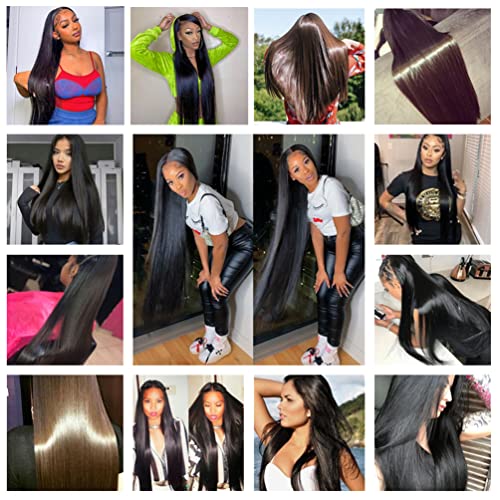 Straight Bundles with Frontal Human Hair 100% Brazilian Virgin Straight Hair 3 Bundles with Lace Frontal Closure 13x4 Free Part 10A Grade Human Hair Extensions Natural Black Color (14 16 18+12 Inch) Spreadr