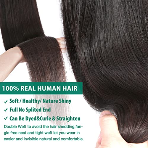 Straight Bundles with Frontal Human Hair 100% Brazilian Virgin Straight Hair 3 Bundles with Lace Frontal Closure 13x4 Free Part 10A Grade Human Hair Extensions Natural Black Color (14 16 18+12 Inch) Spreadr