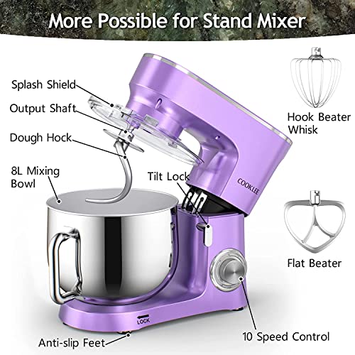 COOKLEE Stand Mixer, 9.5 Qt. 660W 10-Speed Electric Kitchen Mixer with Dishwasher-Safe Dough Hooks, Flat Beaters, Wire Whip & Pouring Shield Attachments for Most Home Cooks, SM-1551, Lavender