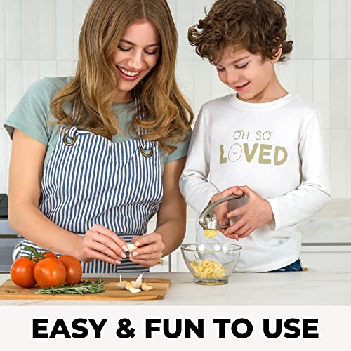 Zulay Kitchen Premium Garlic Press with Soft, Easy to Squeeze Handle - Includes Silicone Garlic Peeler & Cleaning Brush - 3 Piece Garlic Mincer Tool - Sturdy Easy to Clean Garlic Crusher (Silver)