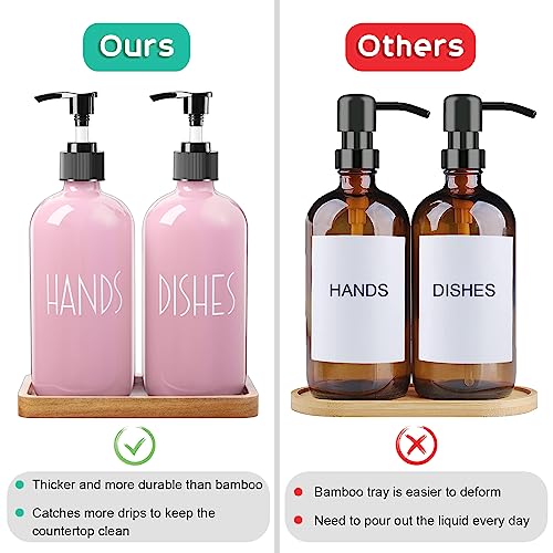 ALELION Dish Soap Dispenser for Kitchen - 16 OZ Glass Hand Soap Dispenser Set with Acacia Wood Tray - Pink Kitchen Bathroom Decor and Accessories