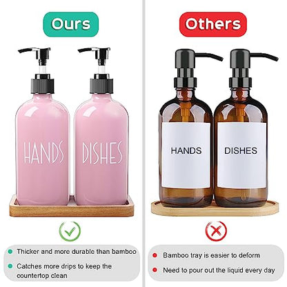 ALELION Dish Soap Dispenser for Kitchen - 16 OZ Glass Hand Soap Dispenser Set with Acacia Wood Tray - Pink Kitchen Bathroom Decor and Accessories