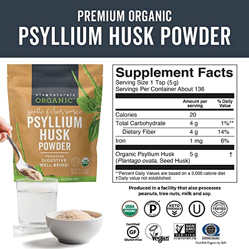 Viva Naturals Organic Psyllium Husk Powder (1.5 lbs) - Easy Mixing Fiber Supplement, Finely Ground & Non-GMO Powder for Promoting Regularity