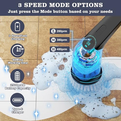 YKYI Electric Spin Scrubber,Cordless Cleaning Brush,Shower Cleaning Brush with 8 Replaceable Brush Heads, Power Scrubber 3 Adjustable Speeds,Adjustable & Detachable Long Handle,Voice Broadcast