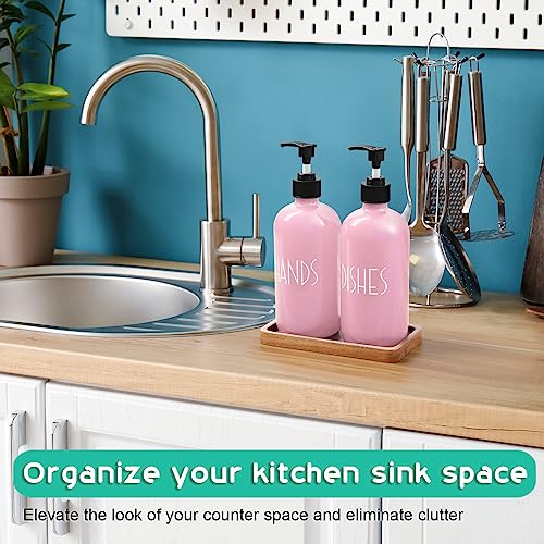 ALELION Dish Soap Dispenser for Kitchen - 16 OZ Glass Hand Soap Dispenser Set with Acacia Wood Tray - Pink Kitchen Bathroom Decor and Accessories