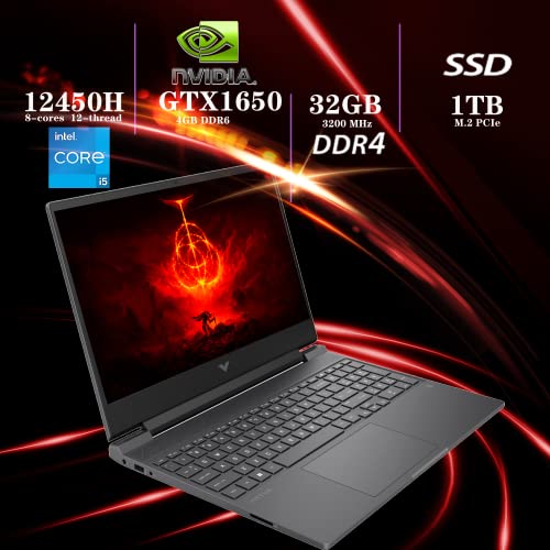 HP 2022 Victus 15.6" FHD 144Hz Gaming Laptop, Intel 12th Core i5-12450H, 32GB RAM, 1TB PCIe SSD, NVIDIA GeForce GTX 1650 Graphics, Backlit Keyboard, Win 11 Pro, Mica Silver, 32GB Snowbell USB Card