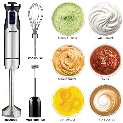 Mueller Austria Ultra-Stick 500 Watt 9-Speed Immersion Multi-Purpose Hand Blender Heavy Duty Copper Motor Brushed 304 Stainless Steel With Whisk, Milk Frother Attachments