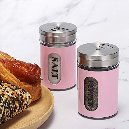 Salt and Pepper Shakers Stainless Steel and Glass Set with Adjustable Pour Holes (Pink)