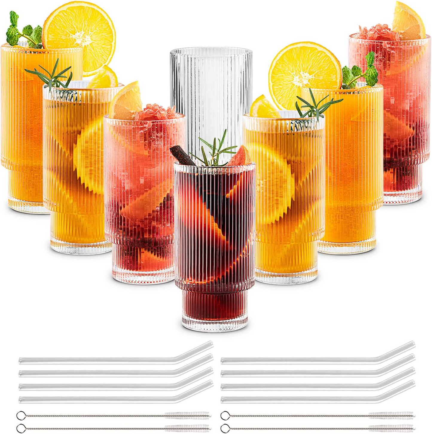 Gracenal 12oz Ribbed Glass Cups with Straws