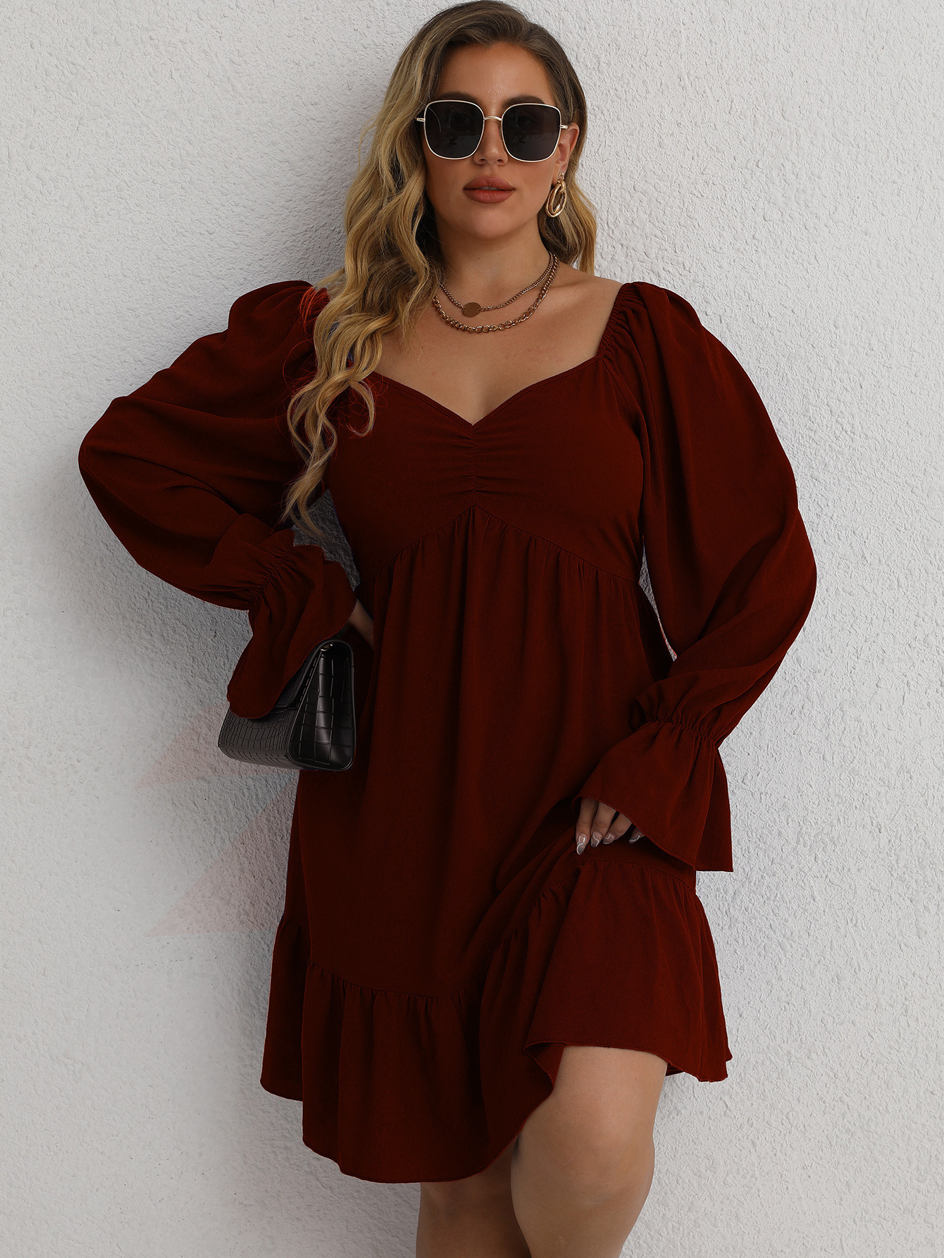 Plus Size Women's Causal Loose Dark Red  Dress Kiwidrop